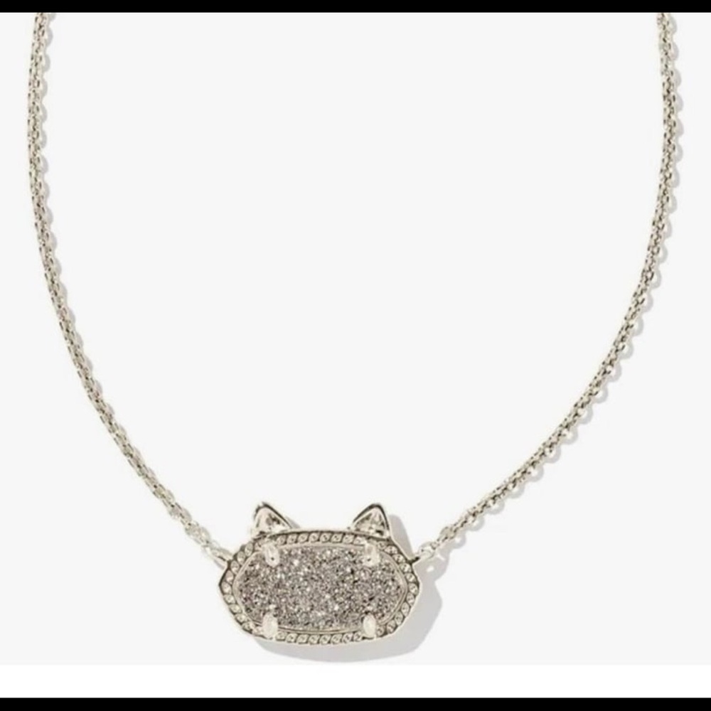 Kendra Scott Elisa Cat Kitty Rhodium Platinum Gray Drusy pendant necklace new